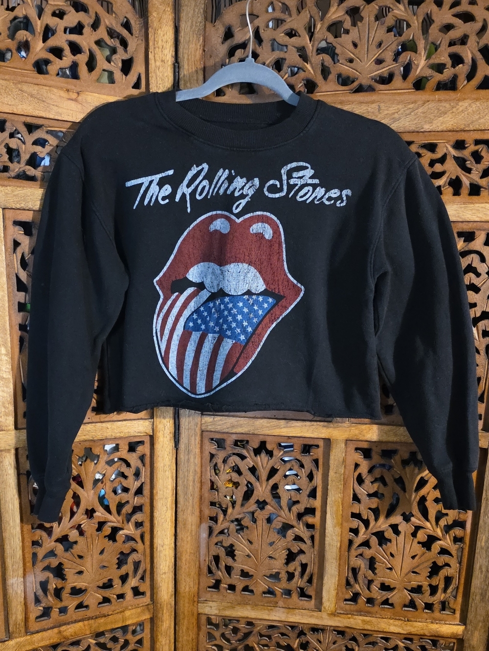 The Rolling Stones Black Cropped Logo Sweatshirt with Red, White & Blue Graphic